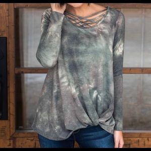 Criss cross green tie dye top